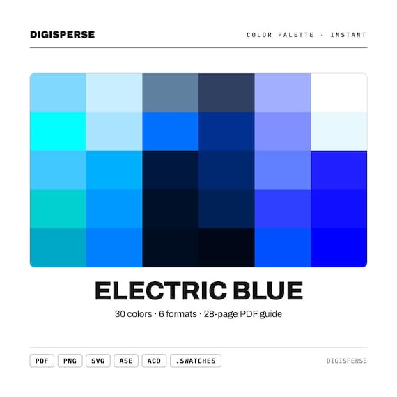Electric Blue Color Palette | 30 Colors | Hex RGB CMYK | Color Guide | Procreate Swatches + ASE | Digital Download