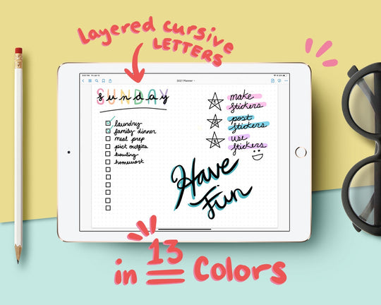 Cursive Letter Digital Stickers | 338 Pre-Cropped PNGs 13 Colors | GoodNotes Planner Sticker Book