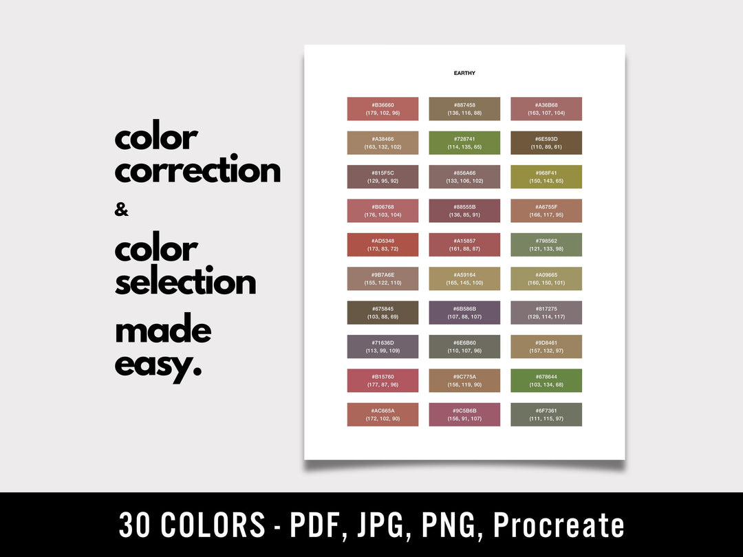 Earthy Color Palette Designers – 30 Hex Swatches for Procreate & Print (PDF, JPG, PNG)