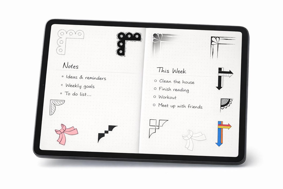 Hand Drawn Corner Doodles for GoodNotes Digital Planning, 16 Cute Precropped PNG Border Accents for Bullet Journal Spreads