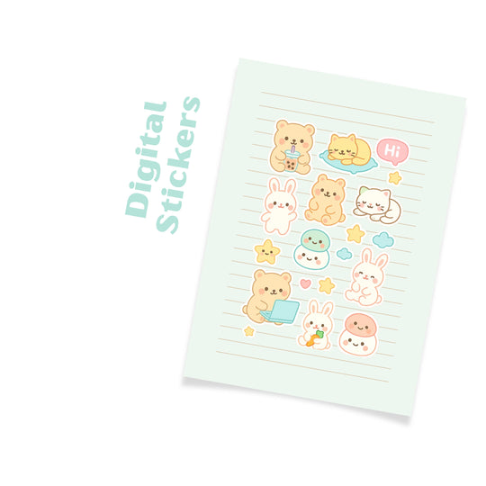 Mochi Creatures Digital Sticker Pack • Kawaii Animal GoodNotes Stickers • Cute Bear, Bunny & Cat Pastel Planner Stickers