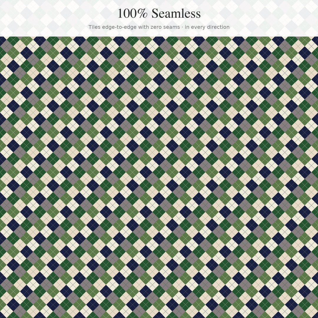 Dark Academia Argyle Digital Paper for Preppy Craft Projects, Seamless Collegiate Green Diamond Check for Sewing and Journals