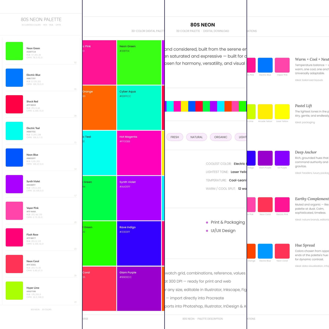 80s Neon Color Palette | 30 Colors | Hex RGB CMYK | Color Guide | Procreate Swatches + ASE | Digital Download