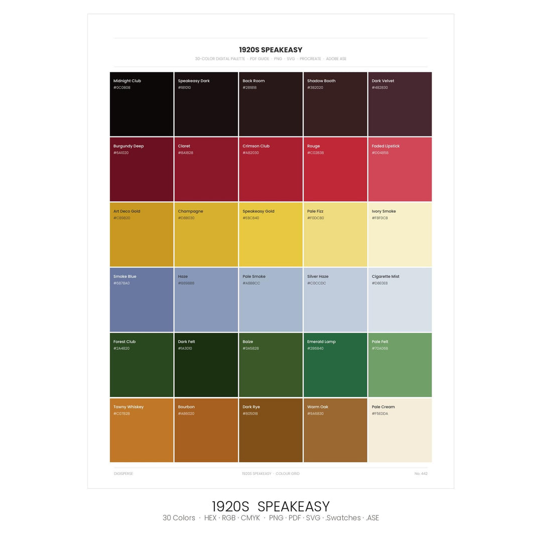 1920s Speakeasy Color Palette | 30 Procreate Swatches, HEX RGB CMYK (Digital Download)