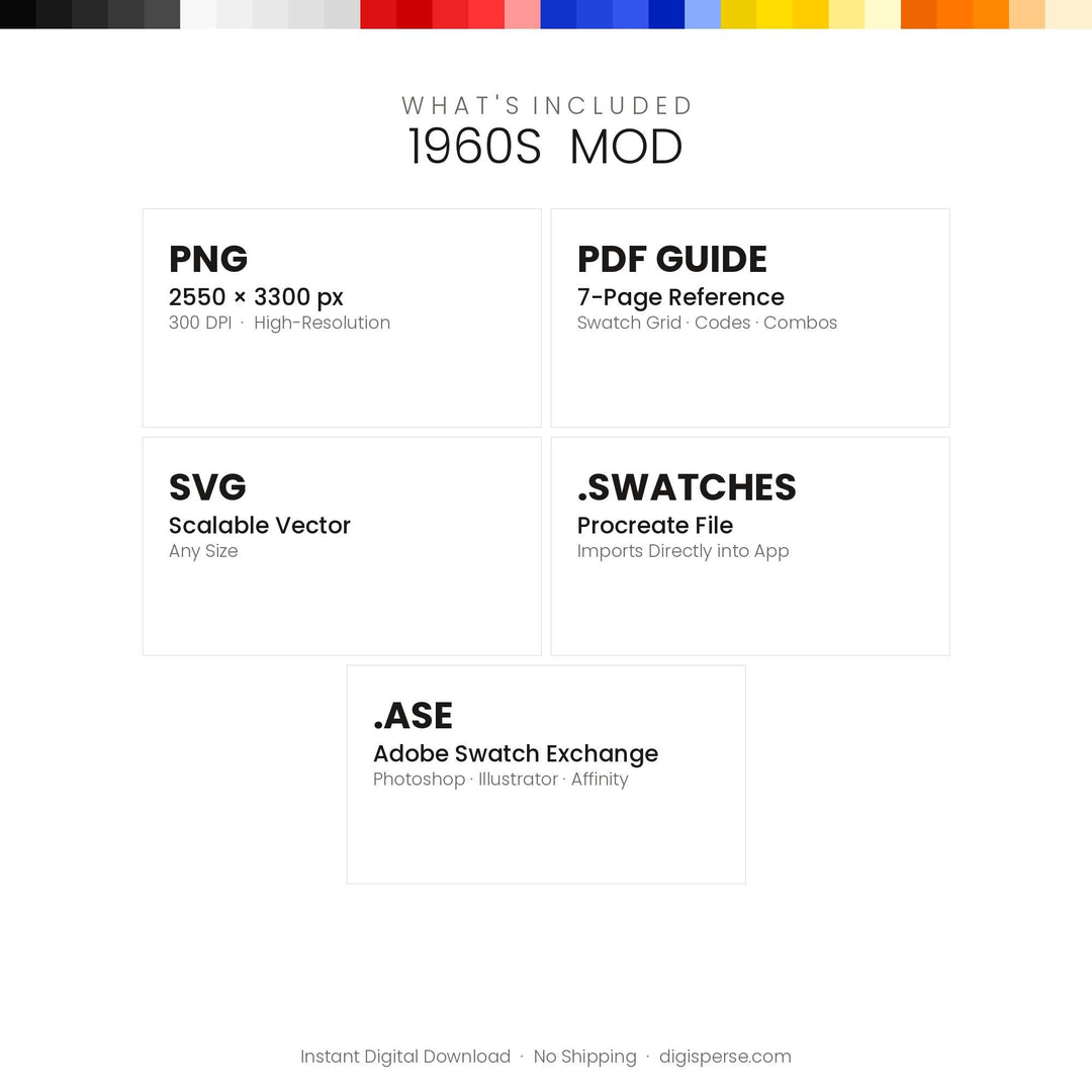 1960s Mod Color Palette | 30 Colors | Hex RGB CMYK | Color Guide | Procreate Swatches + ASE | Digital Download