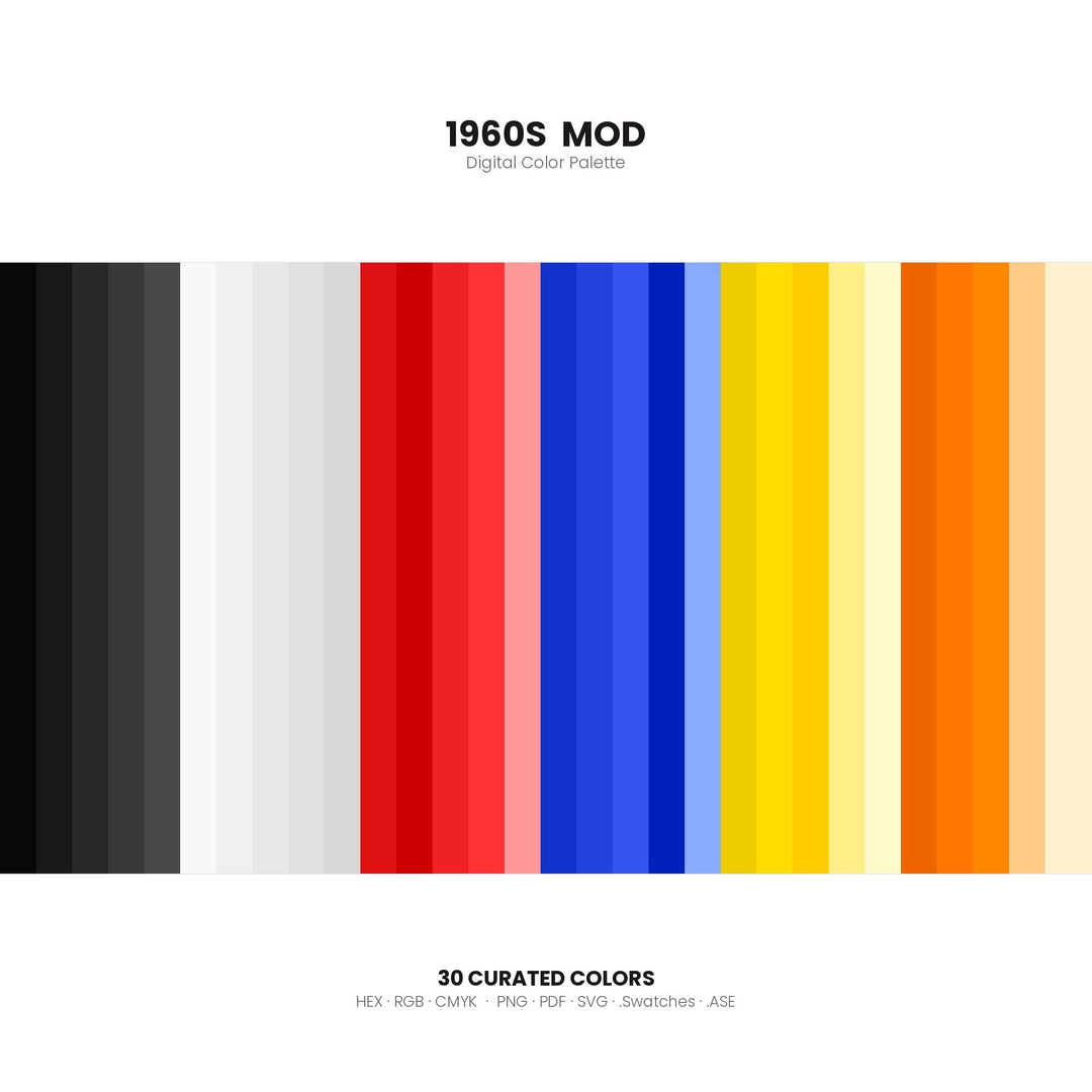 1960s Mod Color Palette | 30 Colors | Hex RGB CMYK | Color Guide | Procreate Swatches + ASE | Digital Download