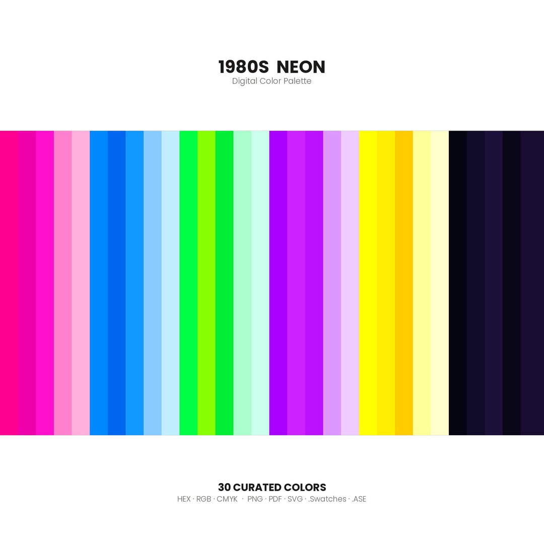 1980s Neon Color Palette | 30 Hex RGB CMYK Swatches (Digital Download)