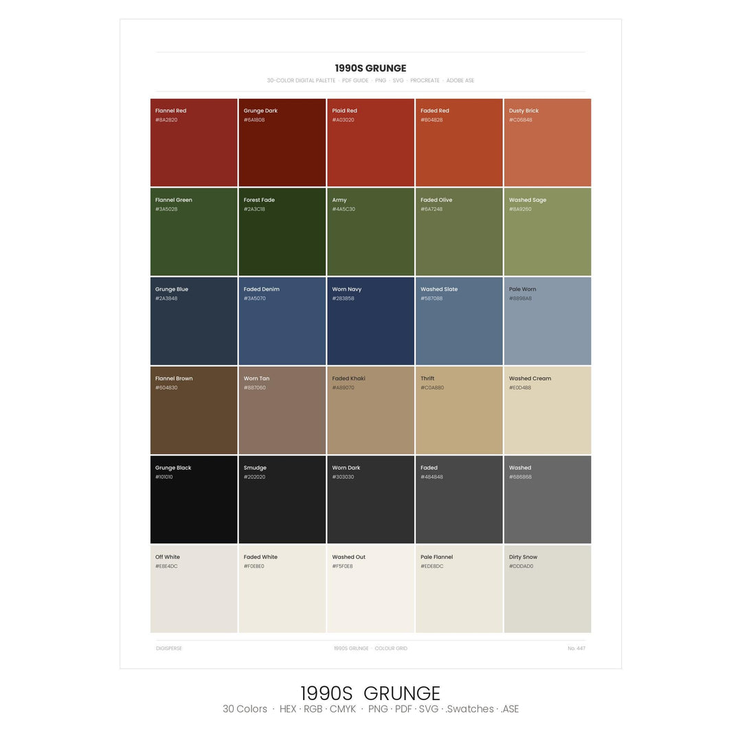 1990s Grunge Color Palette | 30 Colors | Hex RGB CMYK | Color Guide | Procreate Swatches + ASE | Digital Download