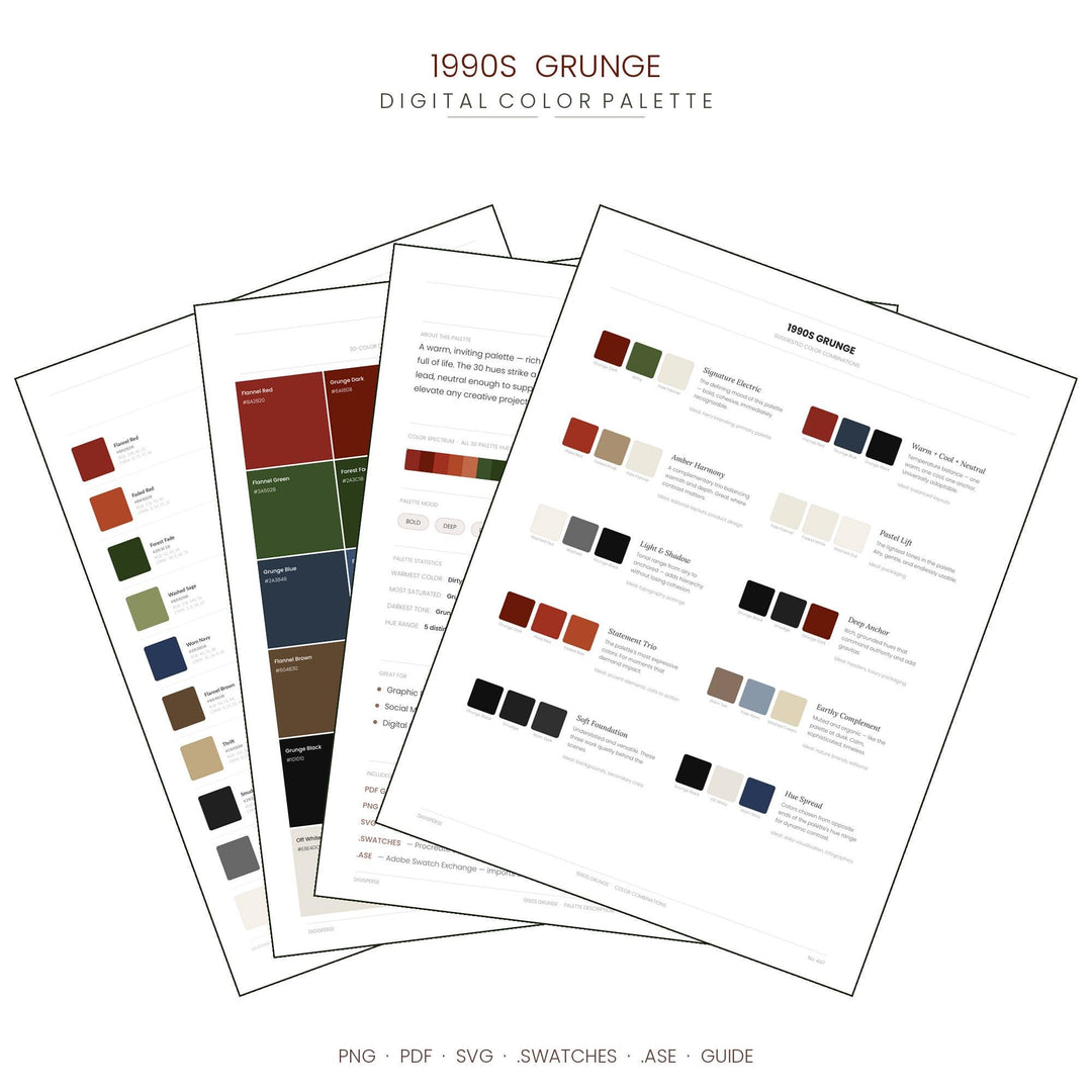 1990s Grunge Color Palette | 30 Colors | Hex RGB CMYK | Color Guide | Procreate Swatches + ASE | Digital Download