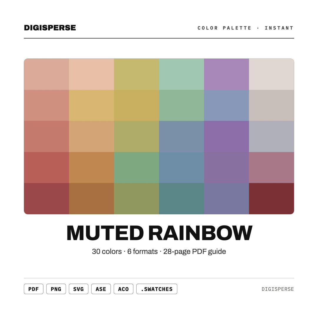 Muted Rainbow Color Palette | 30 Colors | Hex RGB CMYK | Procreate Swatches + ASE | Digital Download