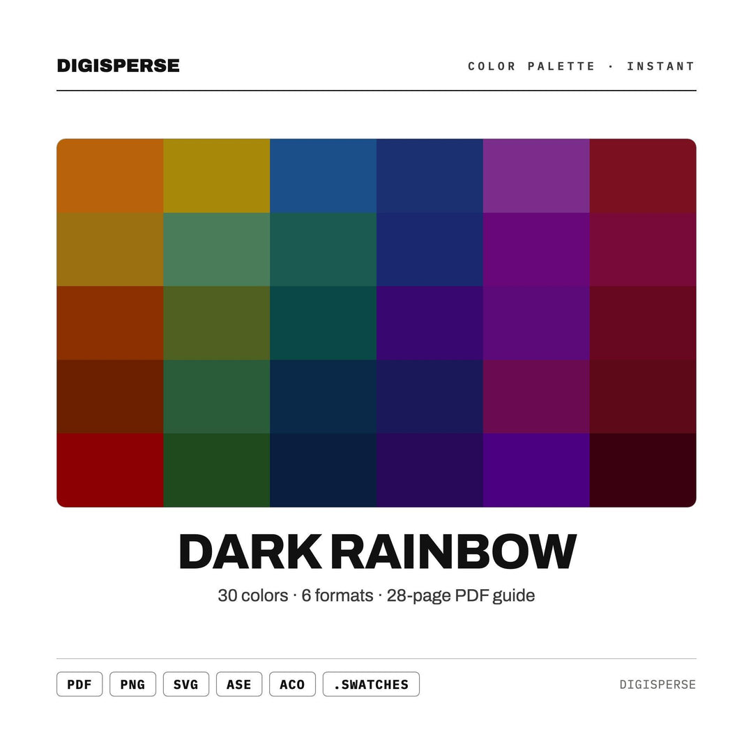 Dark Rainbow Color Palette | 30 Colors | Hex RGB CMYK | Procreate Swatches + ASE | Digital Download