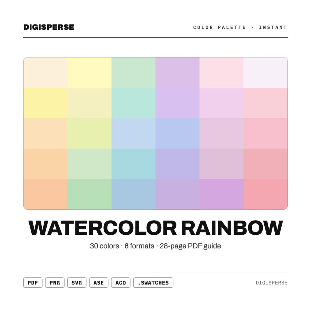 Watercolor Rainbow Color Palette | 30 Colors | Hex RGB CMYK | Procreate Swatches + ASE | Digital Download