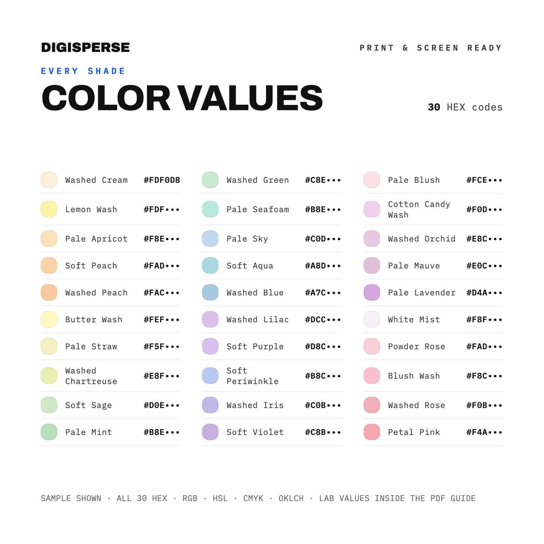 Watercolor Rainbow Color Palette | 30 Colors | Hex RGB CMYK | Procreate Swatches + ASE | Digital Download