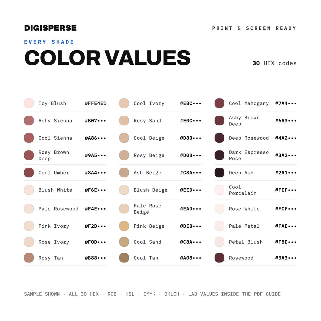 Cool Undertones Color Palette | 30 Colors | Hex RGB CMYK | Procreate Swatches + ASE | Digital Download