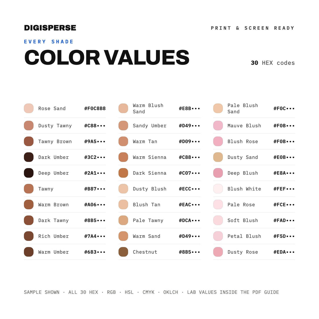 Blush & Umber Color Palette | 30 Colors | Hex RGB CMYK | Procreate Swatches + ASE | Digital Download