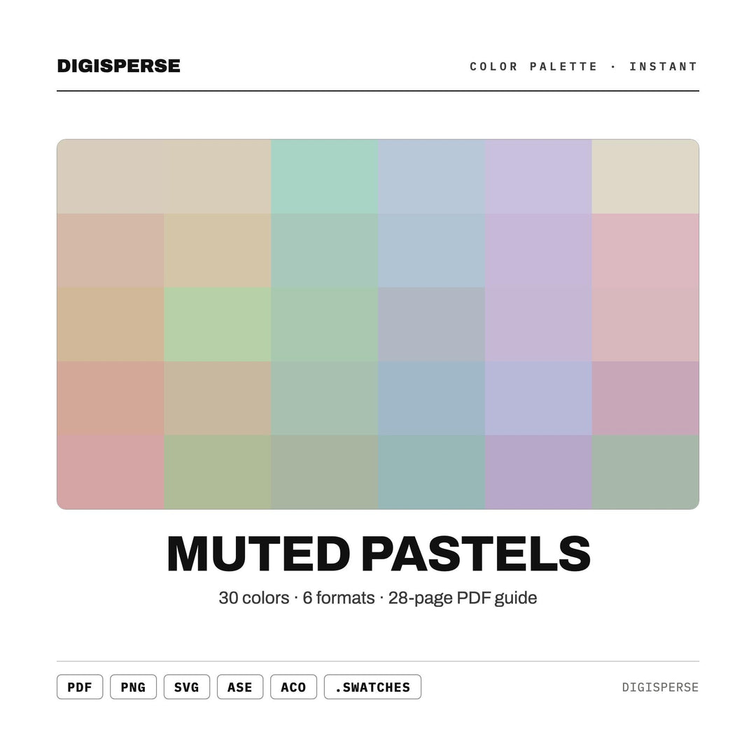 Muted Pastels Color Palette | 30 Colors | Hex RGB CMYK | Color Guide | Procreate Swatches + ASE | Digital Download