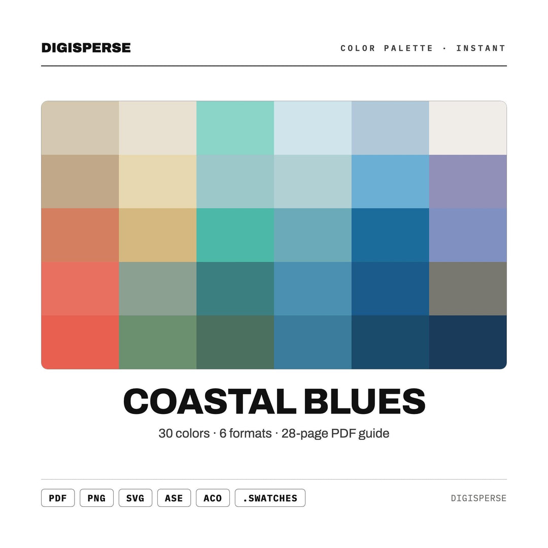 Coastal Blues Color Palette | 30 Colors | Hex RGB CMYK | Color Guide | Procreate Swatches + ASE | Digital Download