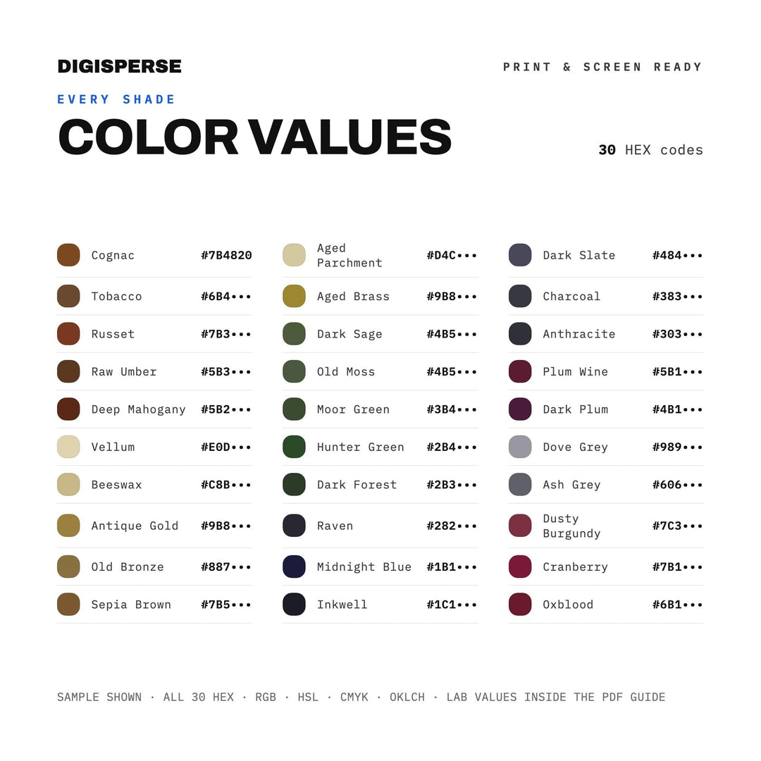 Dark Academia Color Palette | 30 Moody Colors, Hex, RGB, CMYK (Digital Download)