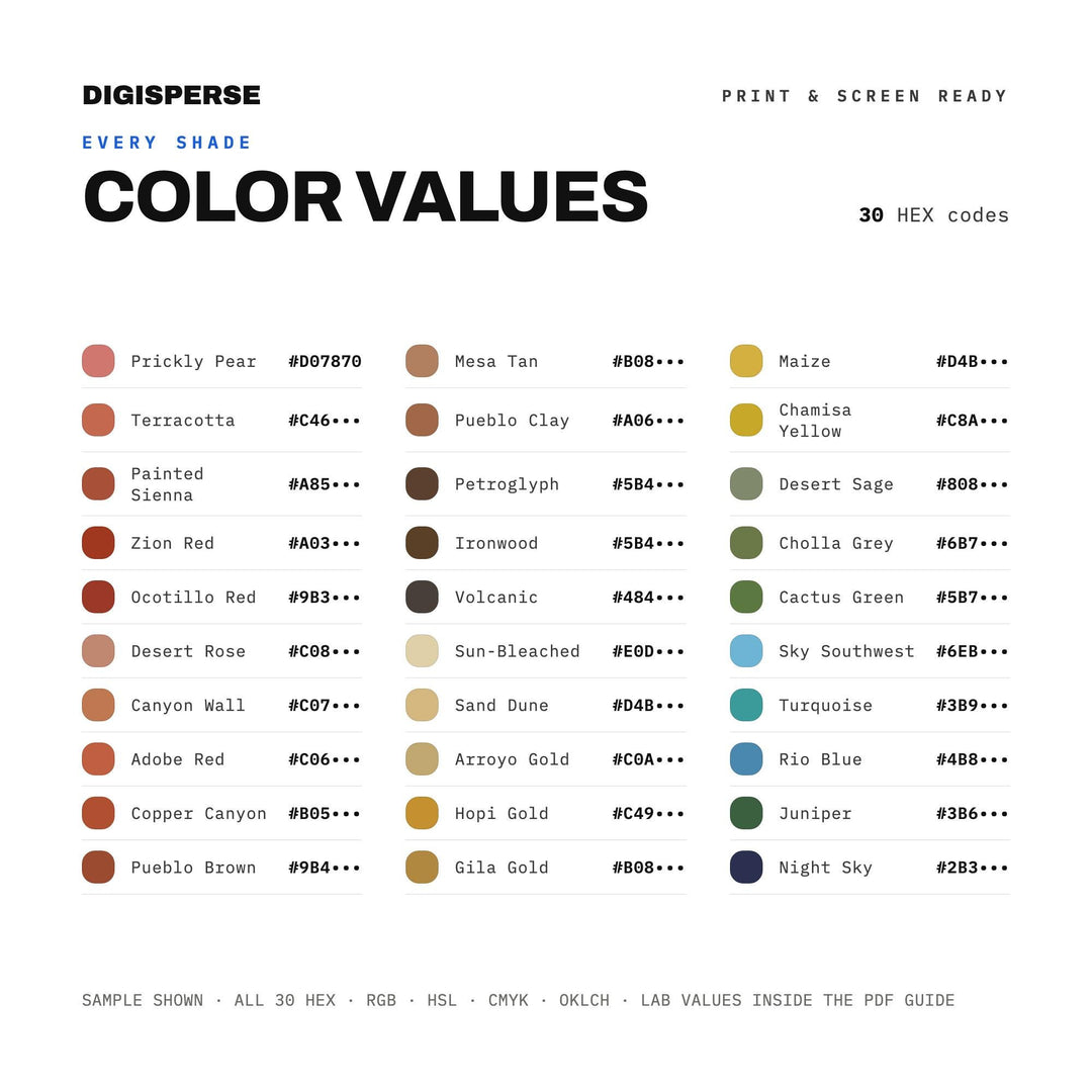 Desert Southwest Color Palette | 30 Colors | Hex RGB CMYK | Color Guide | Procreate Swatches + ASE | Digital Download