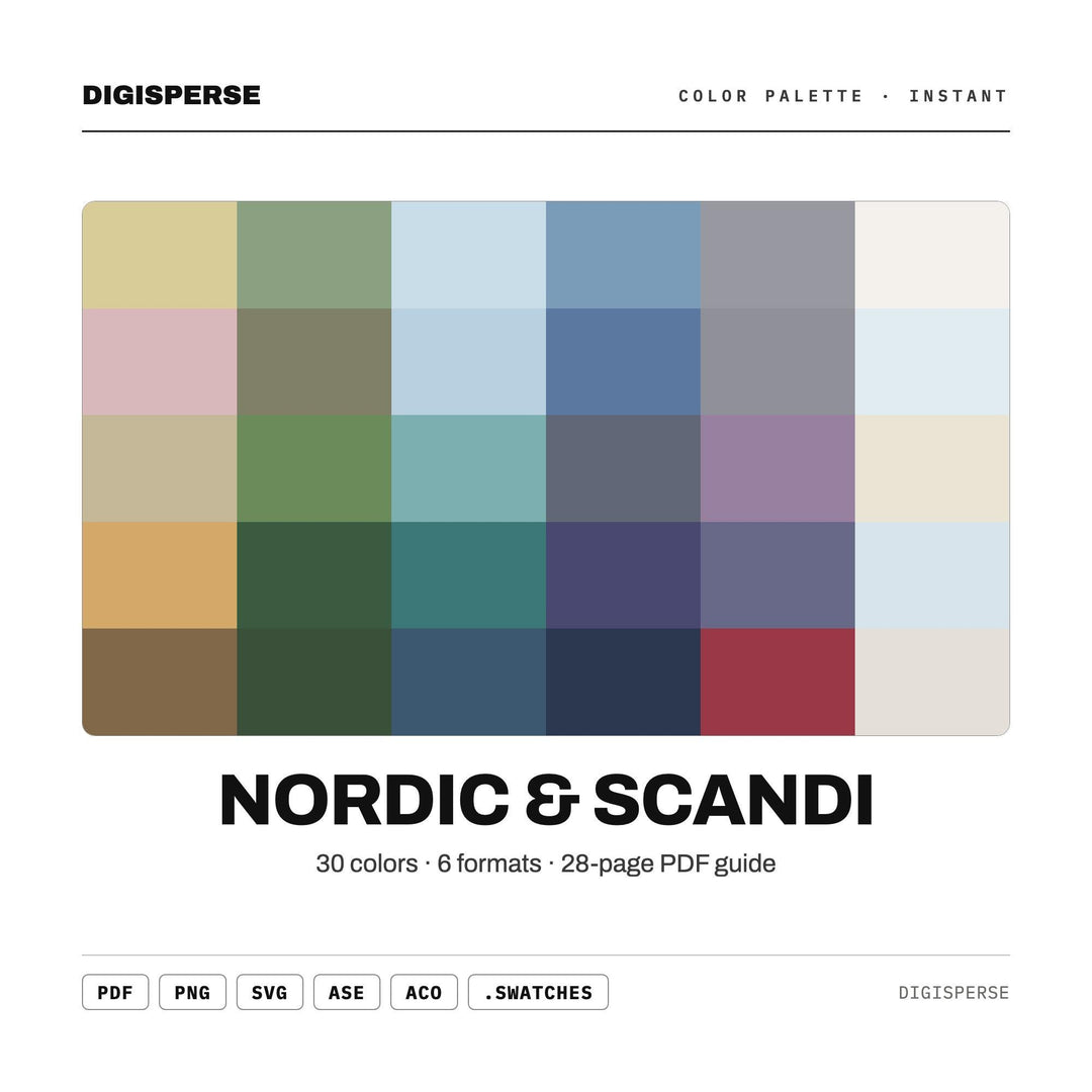 Nordic & Scandi Color Palette | 30 Colors | Hex RGB CMYK | Procreate Swatches + ASE | Digital Download