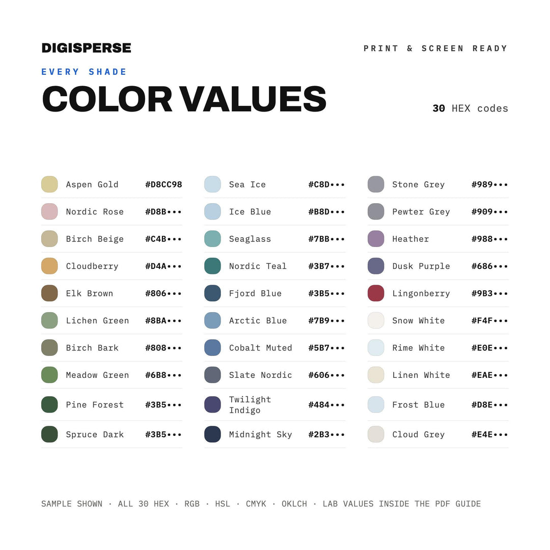 Nordic & Scandi Color Palette | 30 Colors | Hex RGB CMYK | Procreate Swatches + ASE | Digital Download