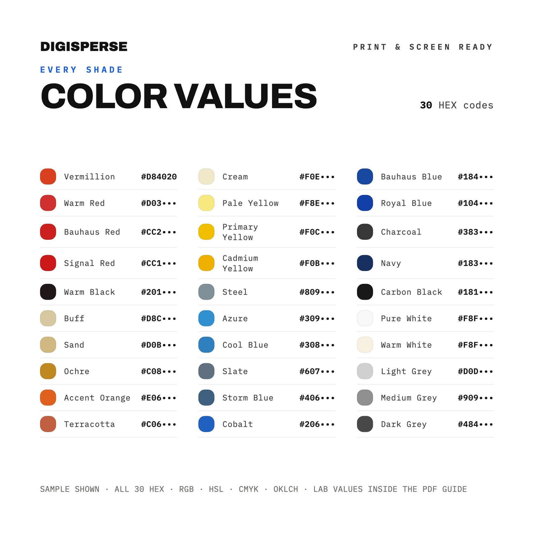 Bauhaus Color Palette | 30 Colors | Hex RGB CMYK | Color Guide | Procreate Swatches + ASE | Digital Download