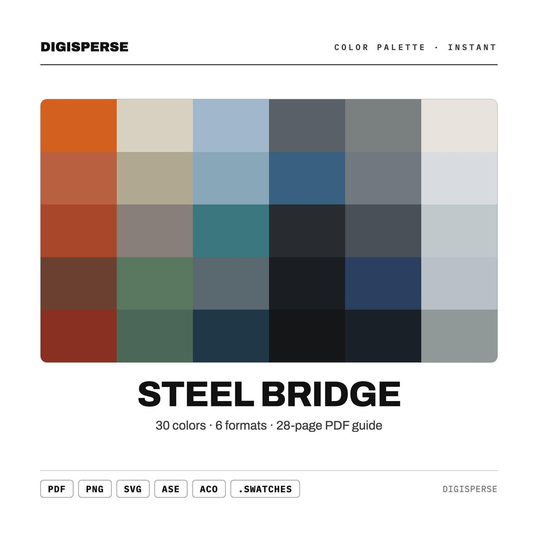 Steel Bridge Color Palette | 30 Industrial Colors, Procreate Swatches (Digital Download)