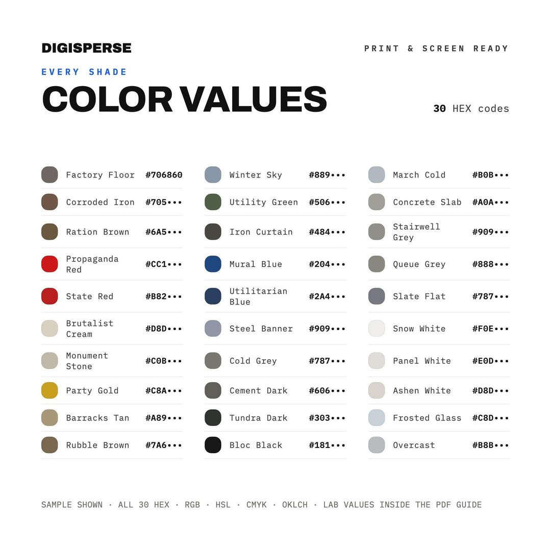Soviet Brutalism Color Palette | 30 Colors | Hex RGB CMYK | Color Guide | Procreate Swatches + ASE | Digital Download