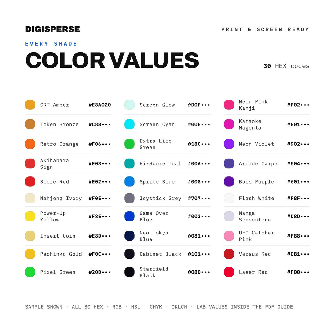 Tokyo Arcade Color Palette | 30 Procreate Swatches, ASE Guide (Digital Download)
