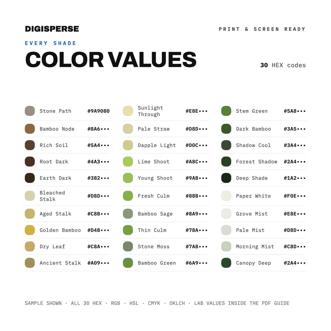 Bamboo Grove Color Palette | 30 Procreate Swatches, HEX, RGB, CMYK (Digital Download)