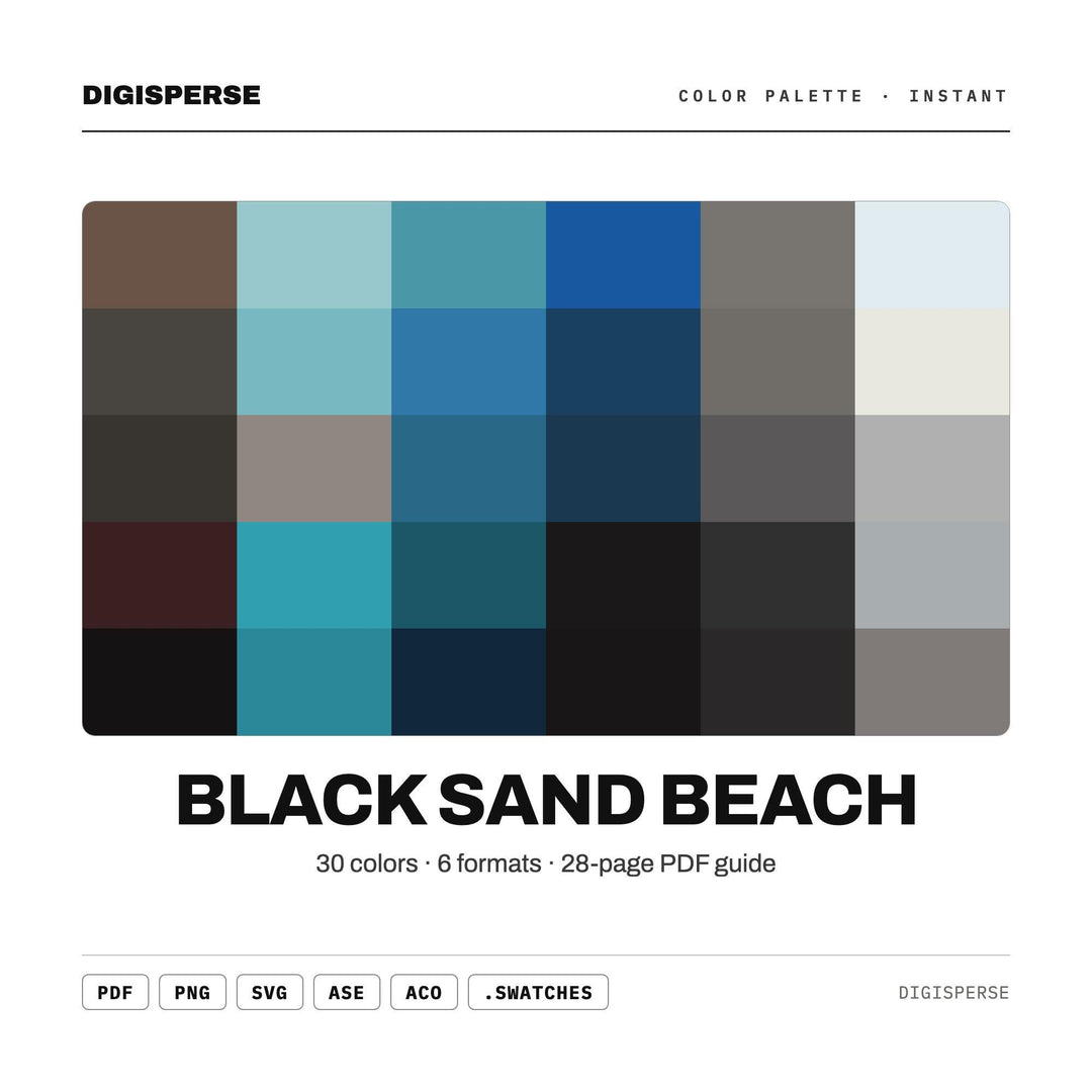 Volcanic Grey Color Palette for Dramatic Coastal Art and Iceland Travel Branding, 30 Black Sand Beach Hues, Procreate Swatches, Hex Codes