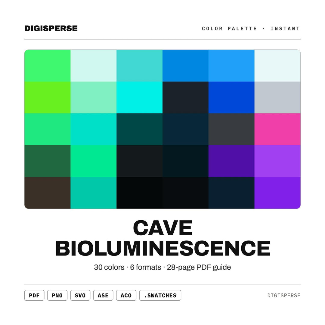 Glowing Teal Color Palette for Fantasy Game Art and Mystical Branding, 30 Bioluminescent Cave Hues, Procreate Swatches, Hex Codes
