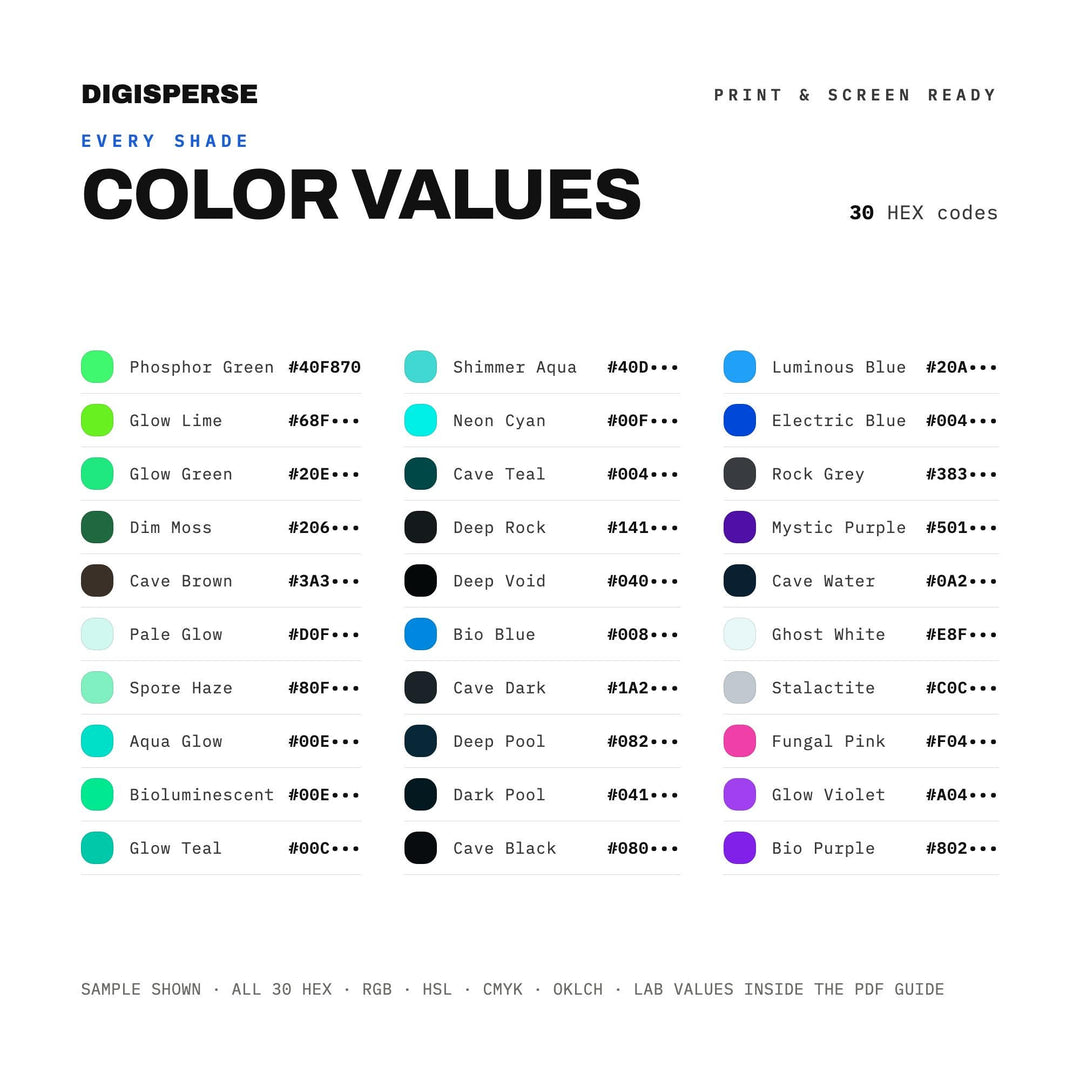 Glowing Teal Color Palette for Fantasy Game Art and Mystical Branding, 30 Bioluminescent Cave Hues, Procreate Swatches, Hex Codes
