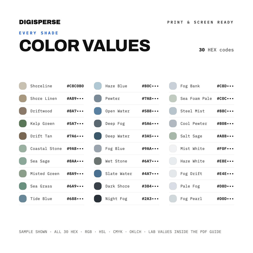 Muted Grey Color Palette for Calm Seaside Art and Foggy Shoreline Branding, 30 Coastal Fog Hues, Procreate Swatches, Hex Codes