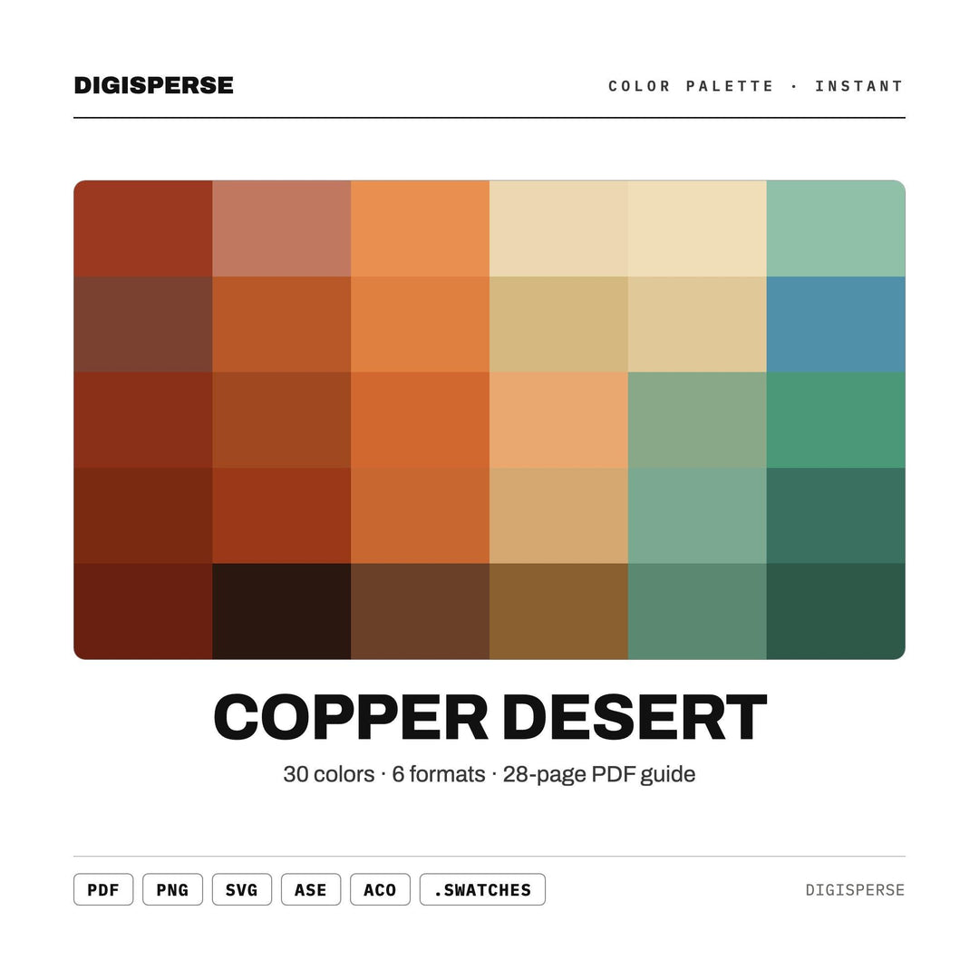 Copper Desert Color Palette | 30 Colors | Hex RGB CMYK | Color Guide | Procreate Swatches + ASE | Digital Download