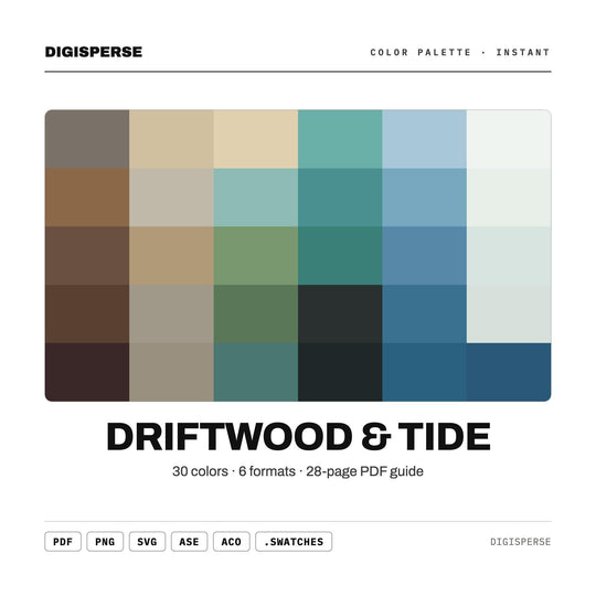 Muted Coastal Color Palette for Beach House Art and Nautical Decor Branding, 30 Driftwood Grey Hues, Procreate Swatches