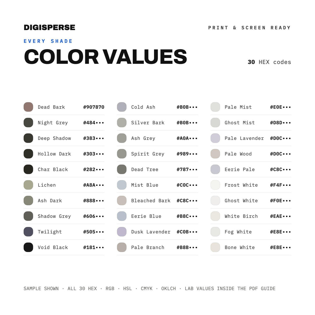Ghost Forest Color Palette | 30 Nature Hues, Procreate, ASE (Digital Download)