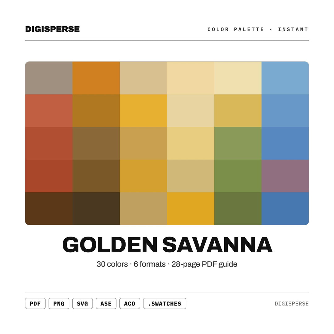 Golden Savanna Color Palette | 30 Colors | Hex RGB CMYK | Color Guide | Procreate Swatches + ASE | Digital Download