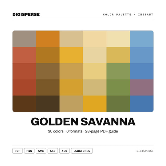 Golden Savanna Color Palette | 30 Colors | Hex RGB CMYK | Color Guide | Procreate Swatches + ASE | Digital Download