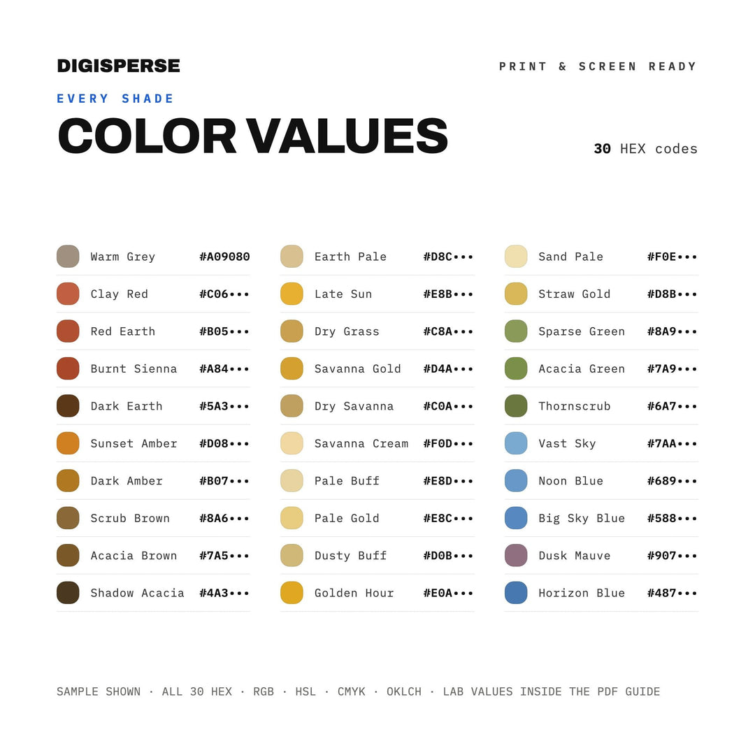 Golden Savanna Color Palette | 30 Colors | Hex RGB CMYK | Color Guide | Procreate Swatches + ASE | Digital Download