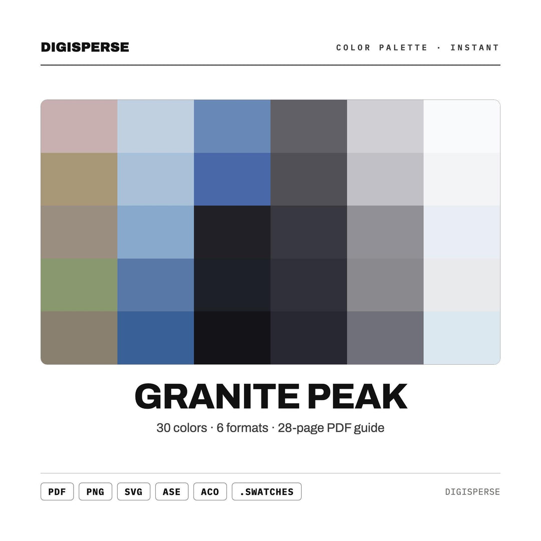 Granite Peak Color Palette | 30 Colors | Hex RGB CMYK | Color Guide | Procreate Swatches + ASE | Digital Download