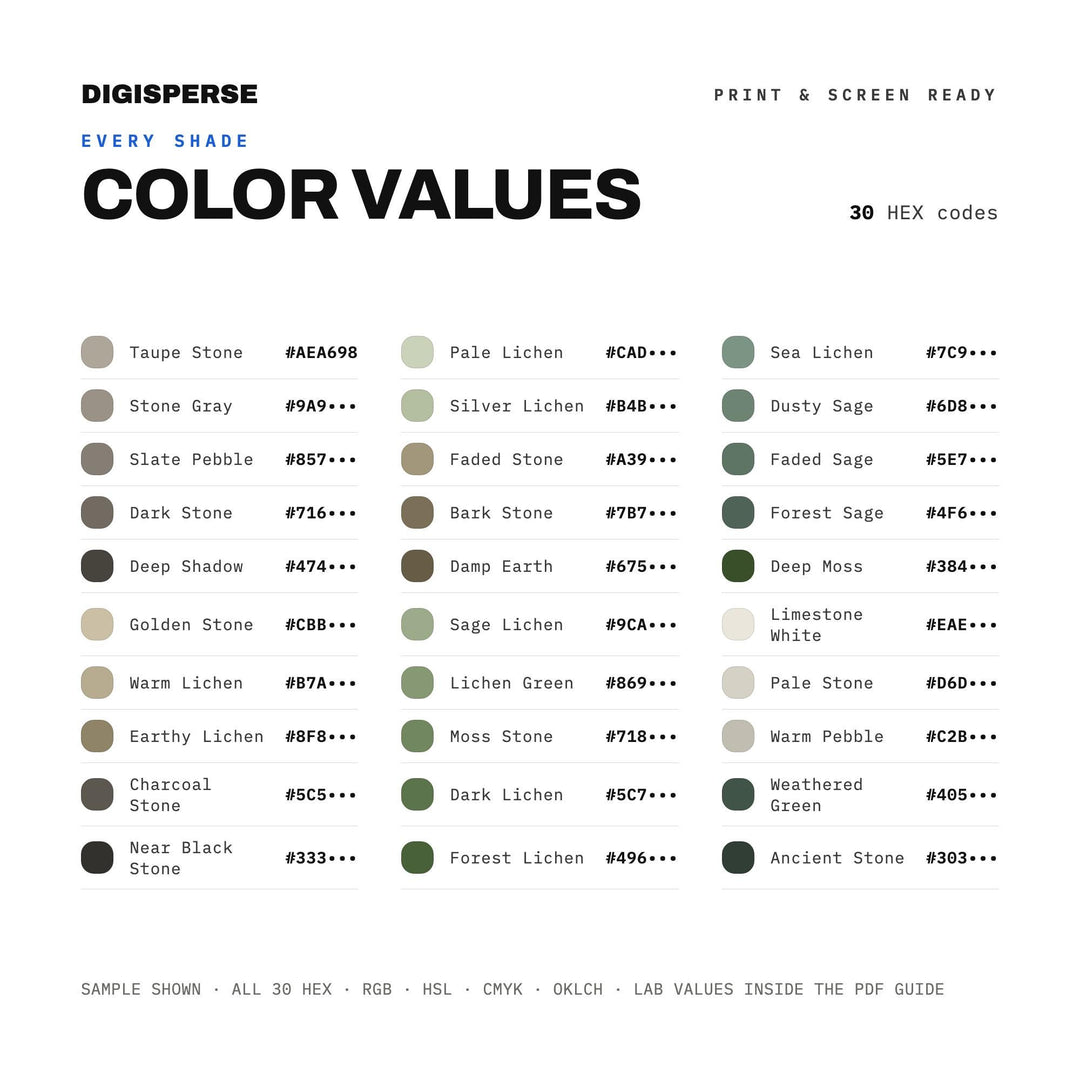 Lichen Stone Color Palette | 30 Nature Hues, Procreate, ASE (Digital Download)