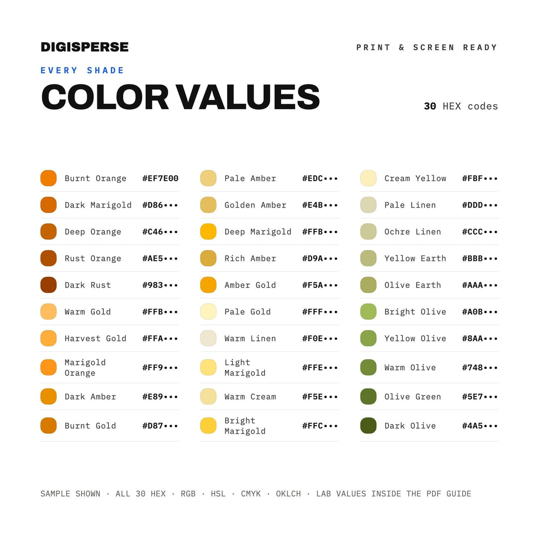 Marigold Field Color Palette | 30 Colors | Hex RGB CMYK | Color Guide | Procreate Swatches + ASE | Digital Download