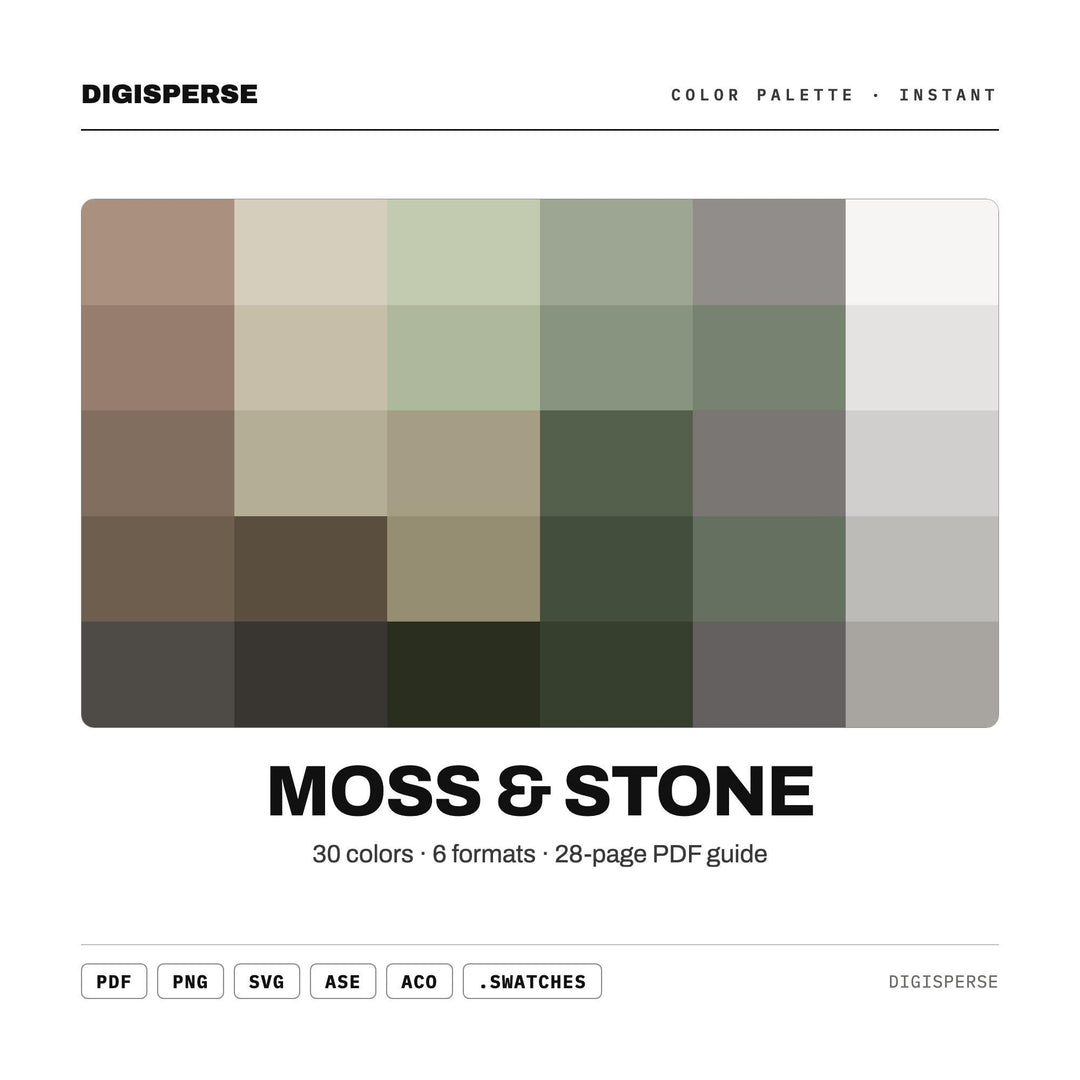 Moss & Stone Color Palette | 30 Colors | Hex RGB CMYK | Procreate Swatches + ASE | Digital Download