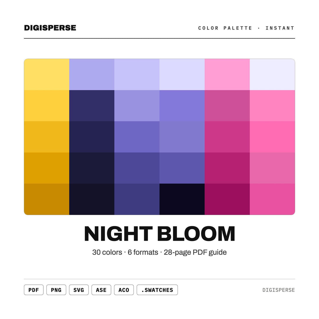 Night Bloom Color Palette | 30 Procreate Swatches, HEX, RGB, CMYK (Digital Download)