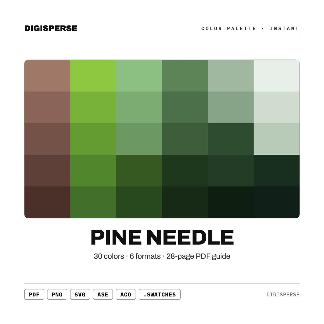Pine Needle Color Palette | 30 Colors | Hex RGB CMYK | Color Guide | Procreate Swatches + ASE | Digital Download