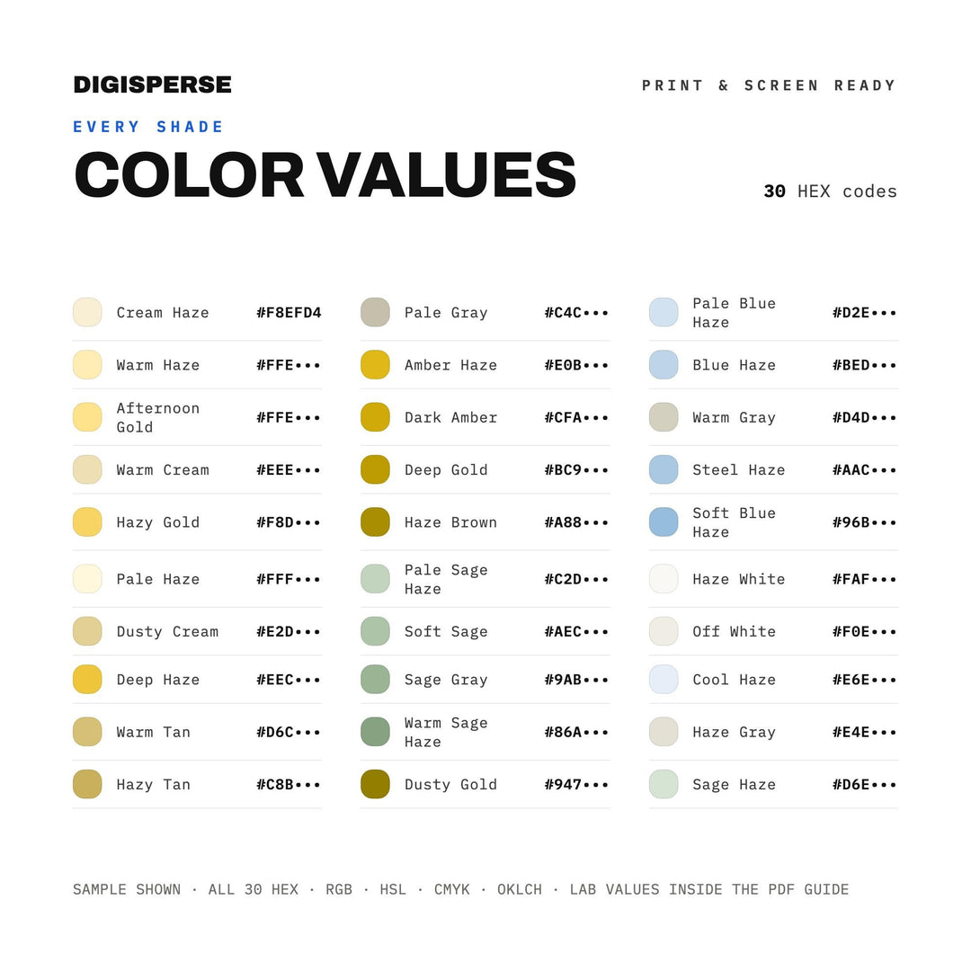Golden Hour Color Palette for Dreamy Photography Branding and Warm Wall Art, 30 Afternoon Haze Hues, Procreate Swatches, Hex Codes