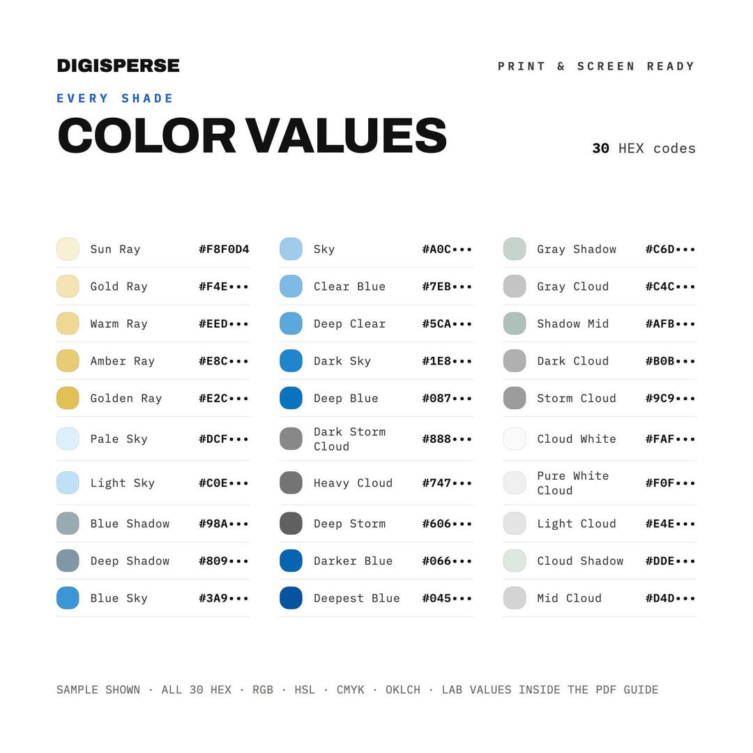Broken Clouds Color Palette | 30 Procreate Swatches, ASE, PDF Guide (Digital Download)