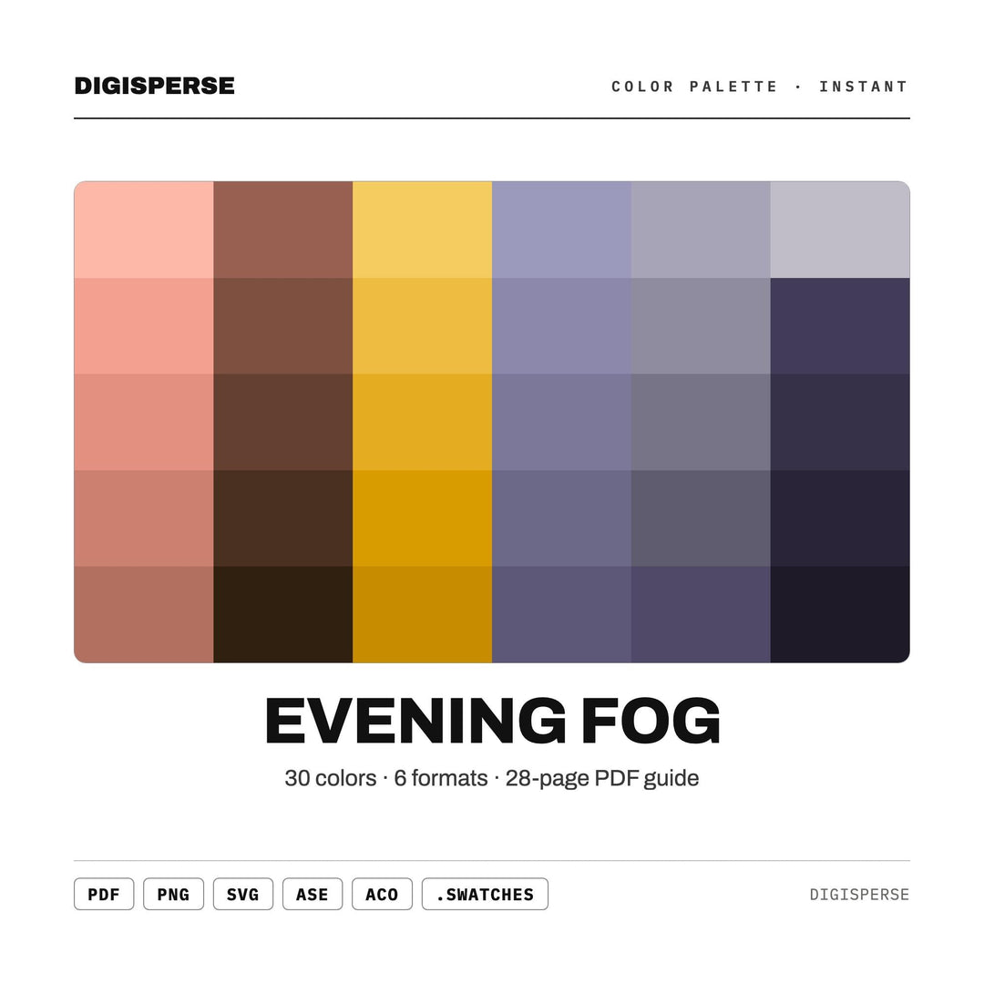 Evening Fog Color Palette | 30 Colors | Hex RGB CMYK | Color Guide | Procreate Swatches + ASE | Digital Download