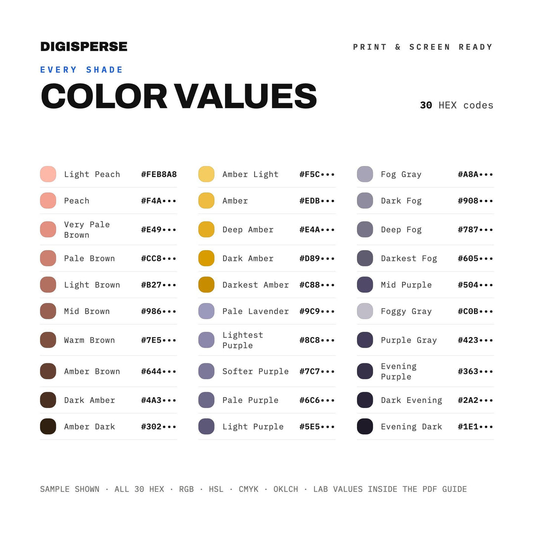 Evening Fog Color Palette | 30 Colors | Hex RGB CMYK | Color Guide | Procreate Swatches + ASE | Digital Download
